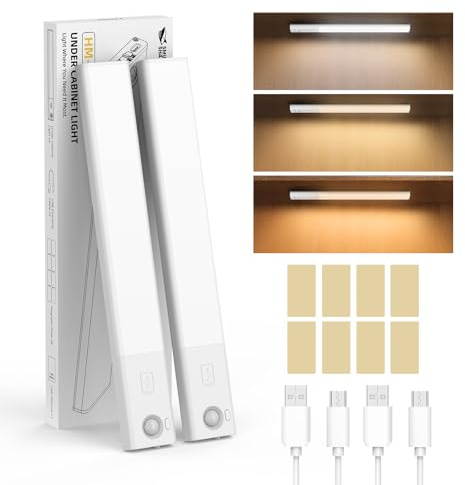 Smiling Shark Luz de Armario, HM-01Luces LED Sensor Movimiento Cocina Magnético 3 Temperaturas de Color 1200mAh Recargable Lampara sin Cables Bajo Mueble Interior Armarios para Mueble Cocina (2 Pack)