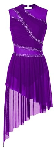 Oyolan Women's Girls Lyrical Dance Costume High Low Rhinestone Mesh Modern Contemporary Dance Dress Purple A S