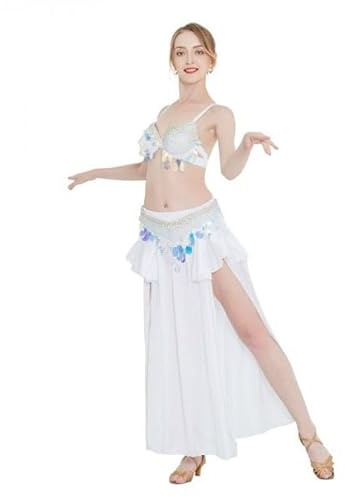 Maxikjol för magdans för kvinnor Klänningar i chiffong för magdansös Dräkter för vuxenravefestival Dräkter för Halloweenkarneval,White,M