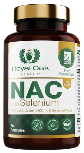 Royal Oak Health NAC 600mg + Selenium 200µg | N-Acetyl L-Cysteine with L-Selenomethionine | High Strength Premium Form | Iodine Free | 60 Capsules | Vegan | UK Made