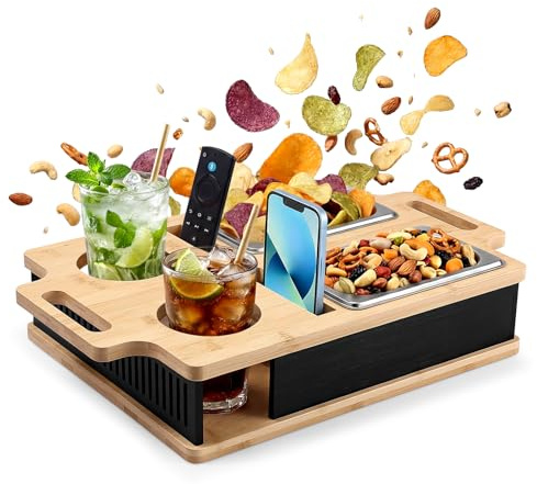 ITClosud Vassoio Per Alimenti Da Divano, Snack Box per Divano Bar, Vassoio da Portata con Manici, 2 Ciotole in Acciaio Inox, Porta Cellulare e Bevande, Ideale per Soggiorno, Campeggio
