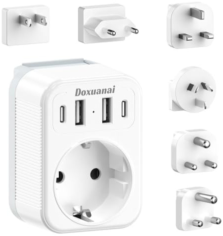 Set di Adattatori da Viaggio Europei, Set con 4 USB (2 USB-C), Tipo A/C/G/I/M/D, Convertitore Spina Internazionale per Stati Uniti, Regno Unito, Australia, Giappone, India, Sudafrica
