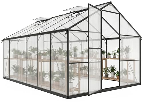 Outsunny Serre de Jardin en Aluminium Polycarbonate 8,97m² 363x247cm, Serre avec fenêtres réglables, Porte battante et gouttières, abri extérieur résistant aux intempéries pour Plante Fleur, Noir