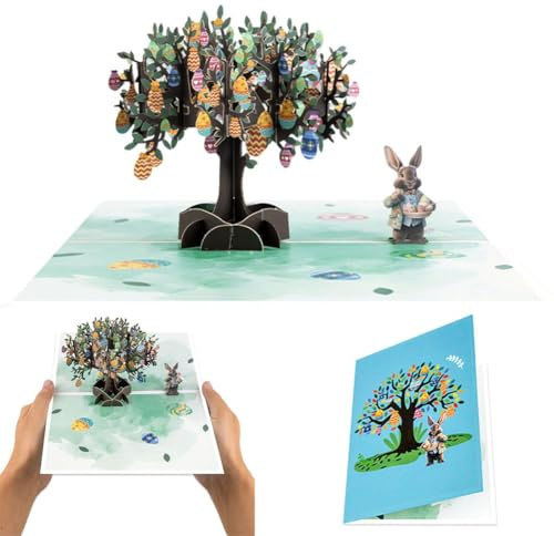 Biglietto di auguri pasquale 3D, biglietto pop-up di Pasqua 3D, biglietto d'auguri con messaggio felice, uovo primaverile, coniglietto e albero di uovo, ricordo per insegnanti, amici, famiglia, classe