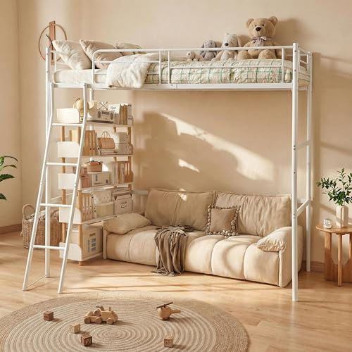 FetiNes Cama Alta 90x200 cm de Metal Resistente, para Adultos y Adolescentes con Barandilla de Seguridad y Base de Láminas, Espacio Inferior Aprovechable de Forma Flexible, Blanca