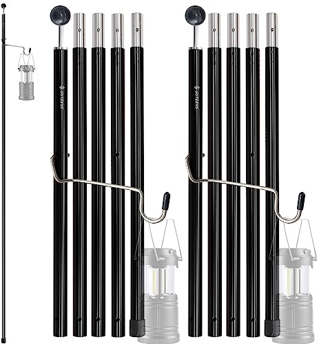 Sutekus Aluminum Poles Tarp Poles Replacement Accessories 5 Section Multifunction Aluminum Rod with Lantern Hook for Camping Shelters Canopy Support 2 Poles (Black)