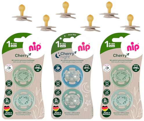 nip® Öko-Schnuller Schnuller CHERRY® Green Gr.1 ab Geburt, Multi-pack for Girls 0-6 Monate, 6er Pack