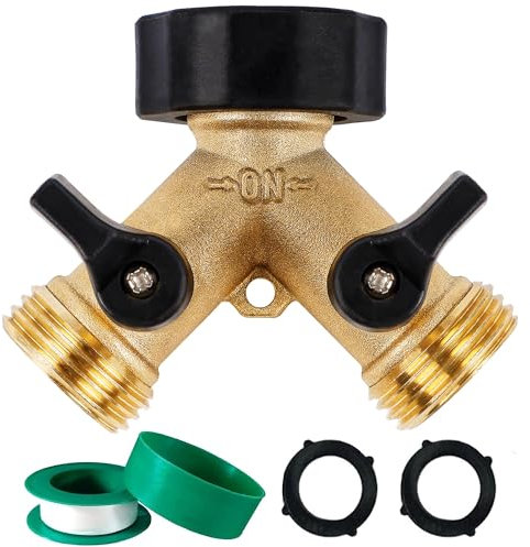 Biswing Garden Hose Splitter 2 Way, Heavy Duty Brass Connector Tap Splitter, Y Splitter 2 Valves with 2 Extra Rubber Washers