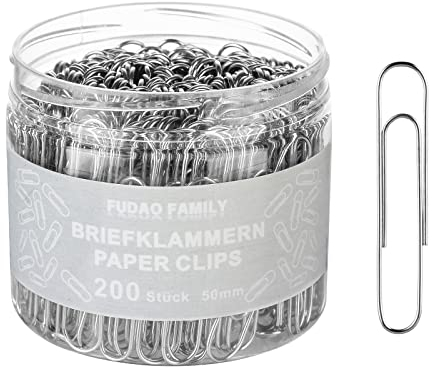 FUDAO FAMILY 200 Stück Büroklammern Groß Briefklammern 50mm Aktenklammern Büro Klammer silberfarben