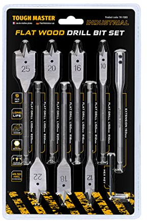 TOUGH MASTER 9 Piece Spade Drill Bits Set, ¼ Inch Quick Change Hex Shank, 10mm, 12mm,16mm, 18mm, 20mm, 22mm 25mm Flat Wood Drill Bits with Extension