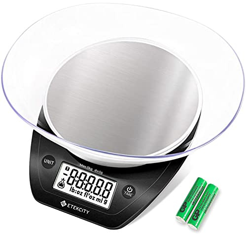 Etekcity 0.1g Food Scale, Bowl, Digital Grams and Ounces for Weight Loss, Dieting, Baking, Cooking, and Meal Prep, 11lb/5kg, Stainless Steel Black