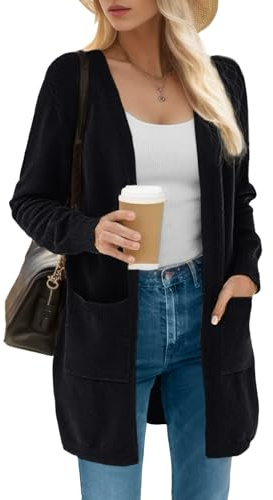 IWOLLENCE - Cardigan lungo in maglia da donna a maniche lunghe in morbido pile con tasche, 01 Nero, S