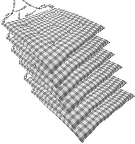 NYVI Stuhlkissen 40x40 cm ComfySeat Grau Weiß kariert 6er Set - Sitzkissen mit Bändern/Schleife, 9-fache Steppung - Indoor & Outdoor - Gartenstuhlkissen aus Baumwoll-Mischgewebe - ÖkoTex 100