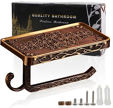 Lxoraziy Antiquität Bad WC-Rollenhalter Wandmontage, Toilettenpapierhalter mit Ablage, Aluminium Klorollenhalter Wandmontage mit Haken, für Küche und Badzimmer(Antikes Kupfer)