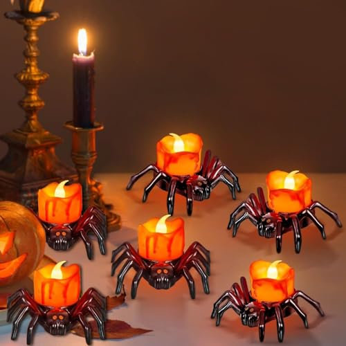 Charfia 6PCS Halloween Candles, Flameless Halloween LED Tea Lights Spider Candle Tealights Decorations, Battery Operated Lamp LED Candle Lanterns Fake Candles Party Decorations Indoor