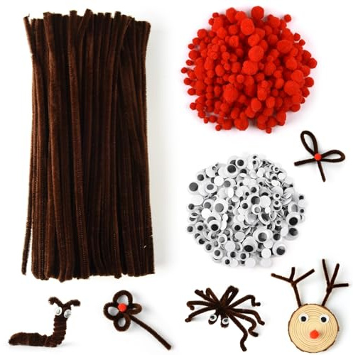 PLULON 922 Piezas Limpiapipas Navideños Juego de Manualidades Limpiapipas Marrón Tallos de Chenilla con Pompones Rojos Ojos Saltones para Suministros de Manualidades Navideñas (Brown, Red)