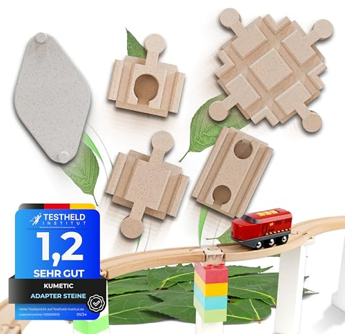 27 Stück Adapter-Steine KUMETIC Baumeister Set - in Holzoptik passend für Brio Schienen & Duplo® sowie alle übrigen Holzeisenbahnen + Klemmbausteine - Made in Germany