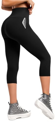 Walifrey High Waisted Capri Leggings for Women UK with Pockets ，3/4 Length Opaque Gym Leggings for Yoga Workout Black SM