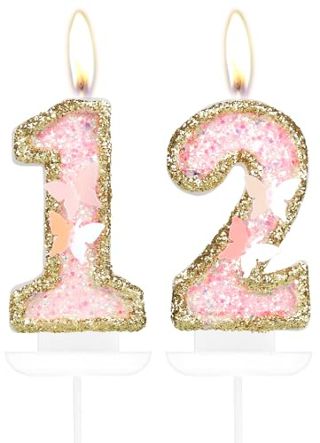 Velas de Mariposa con Números - 12 Velas de Oro Rosa para Tarta, Decoración de Pastel de Mariposa para Fiesta Temática de Niñas