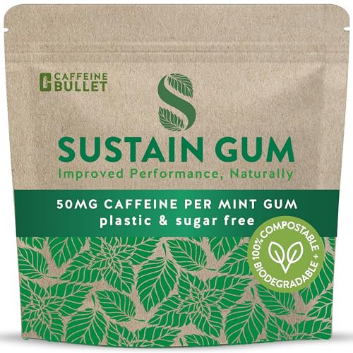 Sustain Caffeine Gum - Natural Mint Energy. 12 Pieces, 50 mg each - Biodegradable, Sugar-Free, Contains Xylitol, Plant-Based & Plastic Free with No Aspartame - 1 Packets