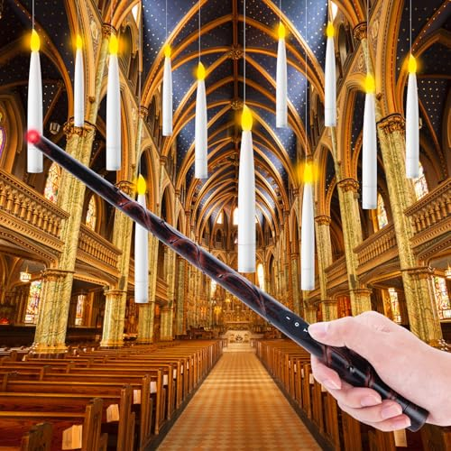 EXTSUD LED Floating Candles with Remote Control Magic Wand - Battery Operated Hanging Candles with Flickering Flame for Halloween, Christmas and Wedding Decorations - Pack of 12