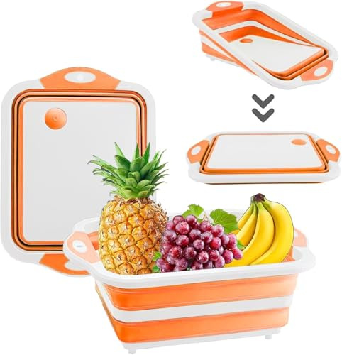 Collapsible Cutting Board with Drain for Camping Picnic BBQ Collapsible Sink Tub Dish Wash Basin Portable Dish Tub Foldable Dishpan for Home Kitchen (White Orange)