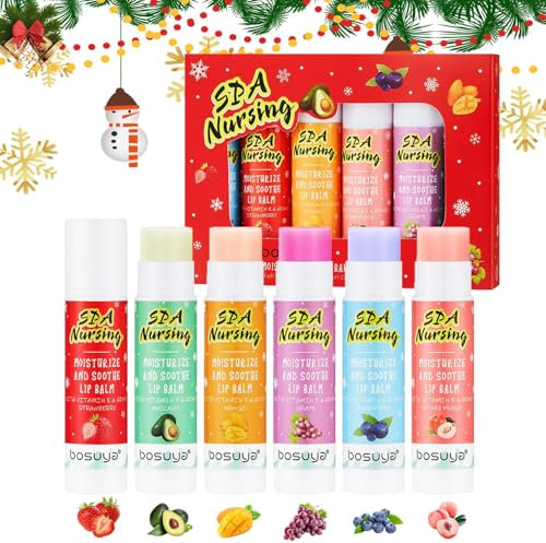 Lot de 6 baumes à lèvres de Noël Fruit - Baume à lèvres hydratant - Masque à lèvres hydratant - Nourrissant et décolorant - Cadeau de Noël