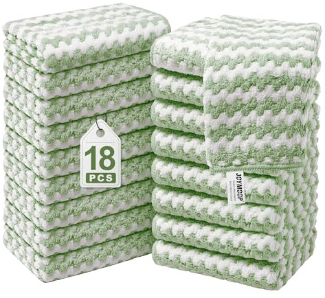 JOYMOOP Mikrofaser-Reinigungstuch, Reine grüne Tücher mit Einfassung, kleine Größe 18er Pack, saugfähige, streifenfreie und fusselfreie Lappen für die Reinigung, wiederverwendbar und waschbar