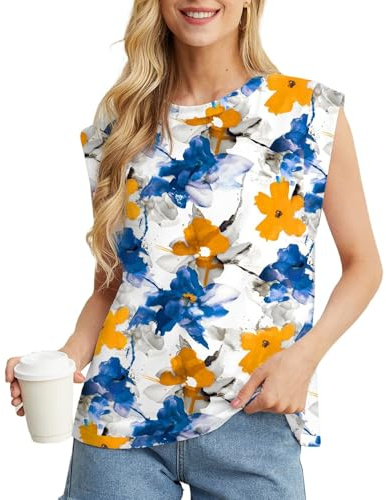 GRECERELLE Womens Cotton T Shirts Cap Sleeves Loose Fit Basic Ladies Tops for Casual Comfort Soft Crew Neck Summer Tees (Watercolor Floral, S)