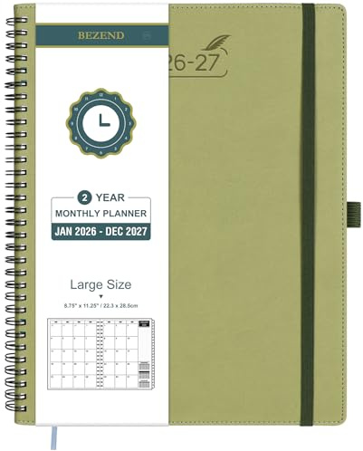 BEZEND Month to View Diary 2026-2027 Spiral 28.5 x 22.5 cm (Jan 26-Dec 27) | 2-Year Monthly Planner, Note Pages, 120 GSM Paper, Calendar Book with Tabs & Pockets, for Office Home. Softcover, Kiwi