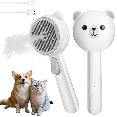 Zaxiva Spazzola a Vapore per Gatti Cani con Pulsante di Rilascio, 4 in 1 Autopulente Ricaricabile Spazzola a Vapore per Pelo Lungo e Corti Gatti, Cani, Conigli (Bianco)