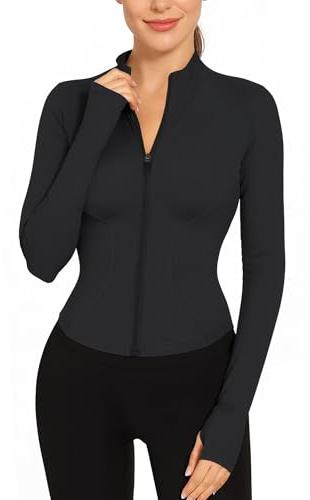 EIISSION Chaqueta Deportiva Mujer con Agujeros para Pulgares Ropa Running Chaqueta Ligera Sweatshirt Sudadera Mujer Sin Capucha Ropa de Deporte Cortavientos Running Negro XL