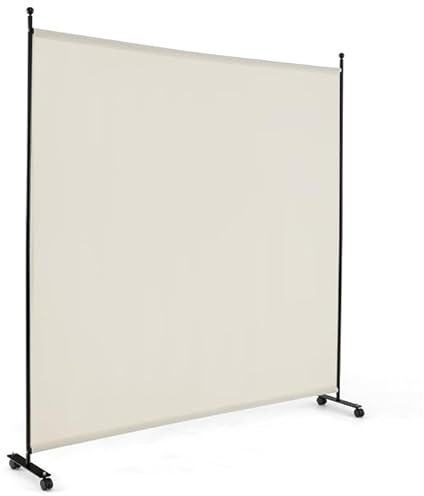 GOPLUS Biombo Separador de Ambientes de1 Panel con Ruedas Bloqueables, Biombo Plegable de Tela con Marco de Metal para Privacidad, Divisor para Salón Dormitorio (Blanco, 1 Panel, 184x184 cm)