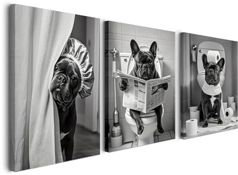 Set di 3 quadri da parete con cornice da 40 x 50 cm, divertenti motivi di bulldog francese in bianco e nero per soggiorno, camera da letto, cucina, ufficio, bagno, decorazione da parete con cornice