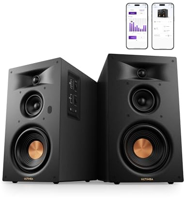 ULTIMEA Altavoces Activos de Estantería de 3 Vías, Woofer de 5,25, Control por App, 70 W RMS Edge Horn y BassMX, Salida Sub y HDMI ARC, Altavoz Tunetable, Bluetooth/AUX/Óptico, BS-3