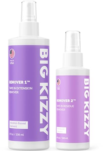 Big Kizzy Tape in Extension Remover (8oz) & Tape Ins Residue Remover (4oz), Big Kizzy Remover 1 + Remover 2 - Fastest Two Step System to Remove Tape in Extensions and Tape Ins Residue