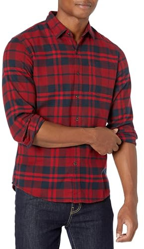 Amazon Essentials Herren Schmal Geschnittenes, Langärmliges Flanellhemd Mit Knopfleiste, Kariert, Marineblau Rot Karomuster, L