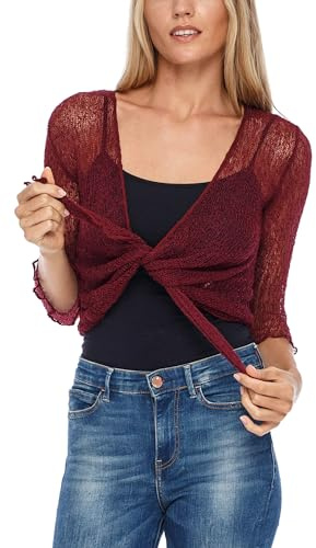 Shu-Shi - Cardigan/Bolero da Annodare - da Donna - Trasparente/Leggero/Lavorato a Maglia, Bordeaux, Taglia Unica