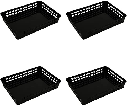 FenixDepot 4 Storage Organizing Multipurpose Plastic Tray Baskets for Home & Office Use 35x25 cm - Set of 4 (Black)