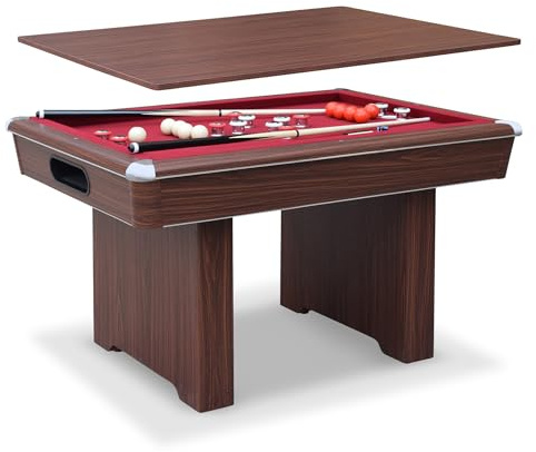 Hathaway Renegade II 54-in Bumper Pool Table for Game Room – 3 in 1 Game Table with Reversible Top & Ball Return System – Includes Cues, Balls, Chalk, Brush & Cards – Red Felt with Walnut Finish