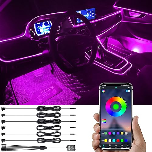 TABEN Kit de iluminación ambiental para automóvil 8m Fibra óptica 64 colores Control de aplicación USB Luz de ambiente para automóvil DIY 16 millones RGB Sonido multicolor Música activa Sincronización
