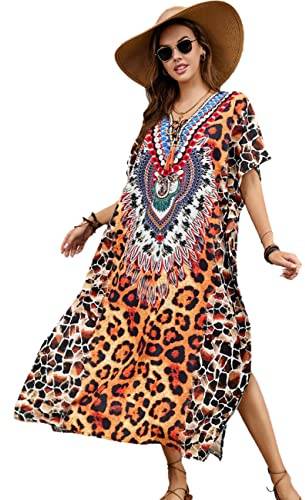 Tyidalin Robe de Plage Femme Boho Long Caftan Grande Taille Kaftan Impression de Fleur Tunique Kimono Eté (Couleur 27, Taille Unique)