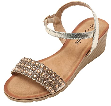 JOMIX Sandalias de Mujer Con Brillo y Cuña - Cómodas Sandalias de Vestir Con Hebilla Para Playa, Mar y Piscina - Dorado, 37 EU