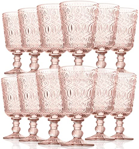 Rtteri 12 Pcs Vintage Glass Goblet Stemmed Wine Glasses Bulks 10 oz Wine Glasses Set High Clear Glassware for Juice Liquor Party Wedding Bars Restaurants Romantic Embossed (Flesh Pink)