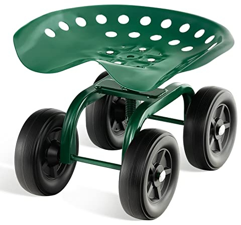 COSTWAY Siège de Jardin Roulant pour Travail avec Hauteur Réglable 28-40,5 cm, Tabouret de Jardinage avec Siège Pivotant à 360° sur Larges Roues Charge 150KG, pour Pelouse Atelier