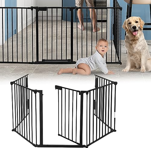 TRMLBE Barrera de Protección de Chimenea de 300 cm Plegable para Niños y Perros con Puerta de 75 cm de Altura - Negro (Incluye 5 Elementos)