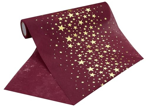 100%Mosel Vlies Tischläufer, in Bordeaux Rot, Sterne in Gold (20 cm x 5 m), dekoratives Tischband, edle Tischdeko für Weihnachten und Advent
