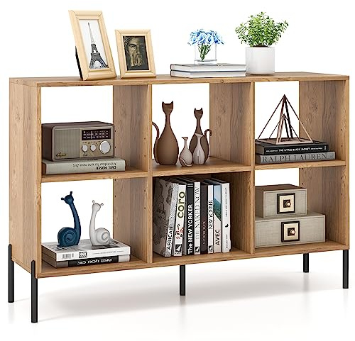 COSTWAY Libreria Estanteria de 6 Cubos, Estanteria Libros de Madera de 2 Niveles con Patas de Metal, Estanteria Cubo de Estantes Ajustables en 5 Posiciones, 120 x 35 x 79,5 cm (Natural)