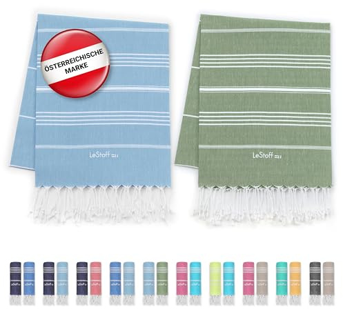 LeStoff Hamamtuch 2er-Set, 100% Bio-Baumwolle, 95x180 cm, Hellblau + Olive