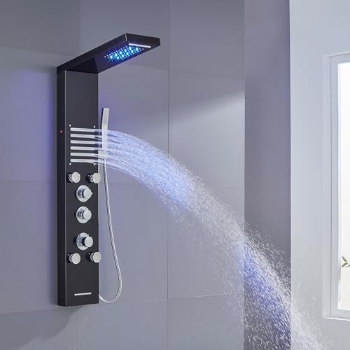 KINKIBOS LED Duschpaneel mit Thermostat, 6 Funktionen Duschpaneel mit Regen&Wasserfall Dusche, 2 Seitenspray, Handbrause und Wanneneinlauf, Duschpaneel aus Edelstahl 304, Schwarz